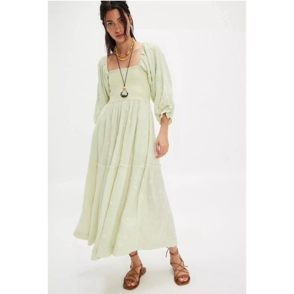 FREE PEOPLE •Rare• Dahlia Embroidered Maxi Dress In Lime Soda Green Size Large